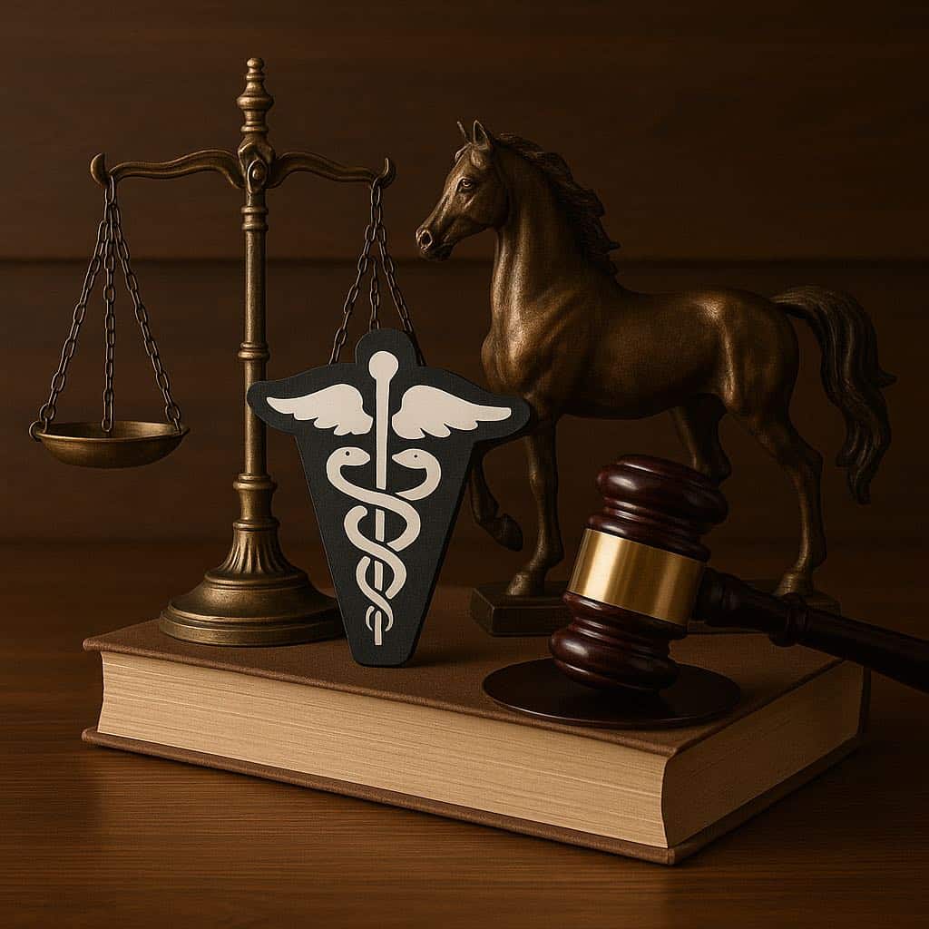 Imagen compuesta por símbolos representativos del ámbito legal y veterinario dispuestos sobre una mesa de madera. Se observan una balanza de la justicia, un martillo judicial, el símbolo del caduceo veterinario y una figura de un caballo en bronce, todos iluminados por una luz cálida que transmite profesionalidad, confianza y especialización.